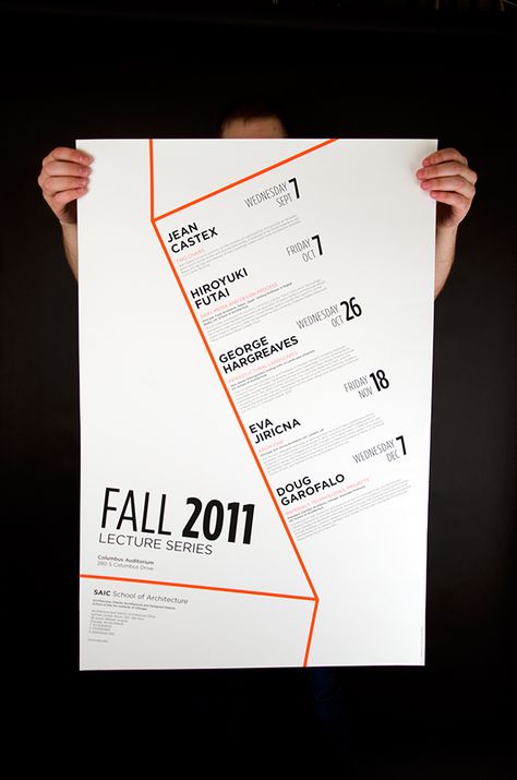 This is a 20" x 30" poster for an architecture lecture series. My design relies primarily on typography and is based on a grid created by the simple representation of the angles of an architectural structure. Event Poster Design Layout, 3d Tipografi, Lecture Poster, Poster Architecture, Cv Inspiration, 달력 디자인, Event Posters, Poster Design Layout, Buch Design