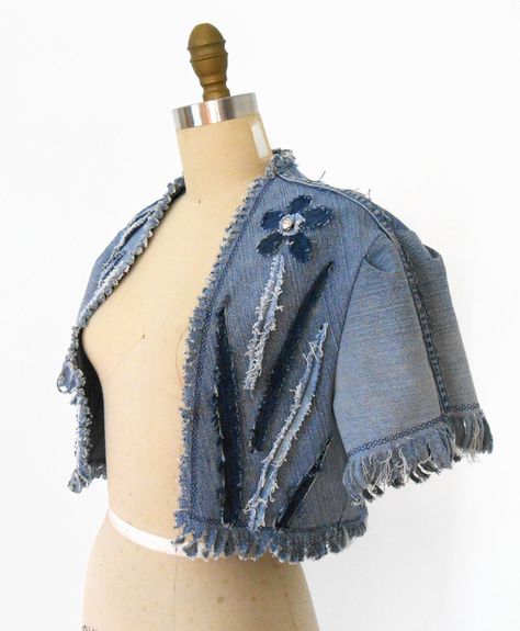 One of a kind Denim Bolero Jacket by Zhanna Kens created from UpCycled Jeans. Size M-L, $135.00 Denim Bolero Jacket, Denim Bolero, Denim Upcycle, Upcycle Denim, Upcycled Jackets, Upcycled Jeans, Altered Clothing, Sheer Jacket, Altered Couture