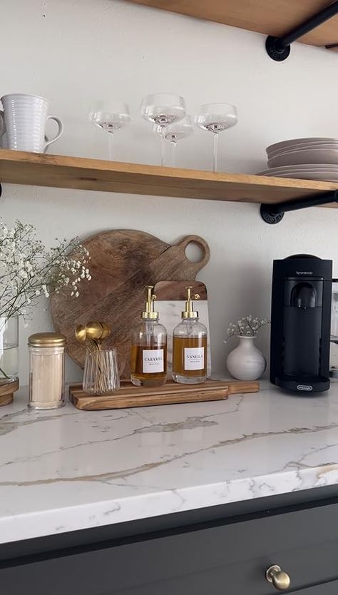 Kitchen Glass Cabinet Decor Ideas, Coffee Bar Lazy Susan, Coffee Area Countertop, Coffee Nook Styling, Breakfast Bar Styling, Home Coffee Station Aesthetic, Minimalistic Coffee Bar, Coffee Bar Ideas Countertop, Coffee Counter Organization