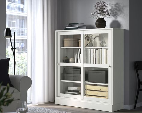 IKEA HAVSTA hack - cabinet gets a stylish pale blue makeover | Real Homes Buffet Table Ikea, Vitrine Ikea, Storage Furniture Living Room, Glass Display Case, Glass Cabinets Display, Tempered Glass Shelves, Glass Cabinet Doors, Scandinavian Furniture, Display Storage