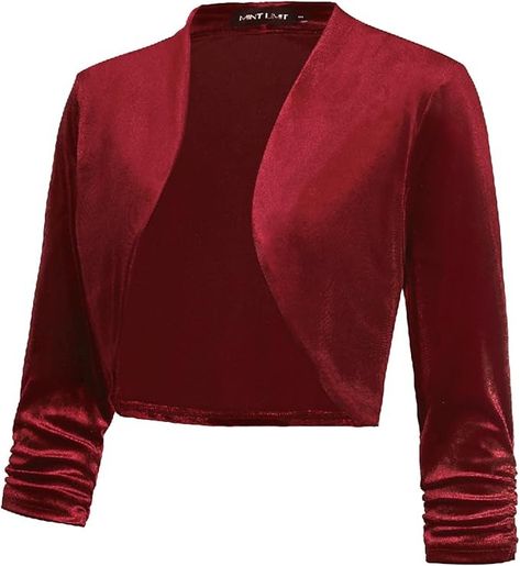 MINTLIMIT Velvet Shrugs for Women Ruched 3/4 Sleeve Bolero Jackets Open Front Cropped Cardigans for Evening Dresses (Dark Green - Size 2XL) at Amazon Women’s Clothing store