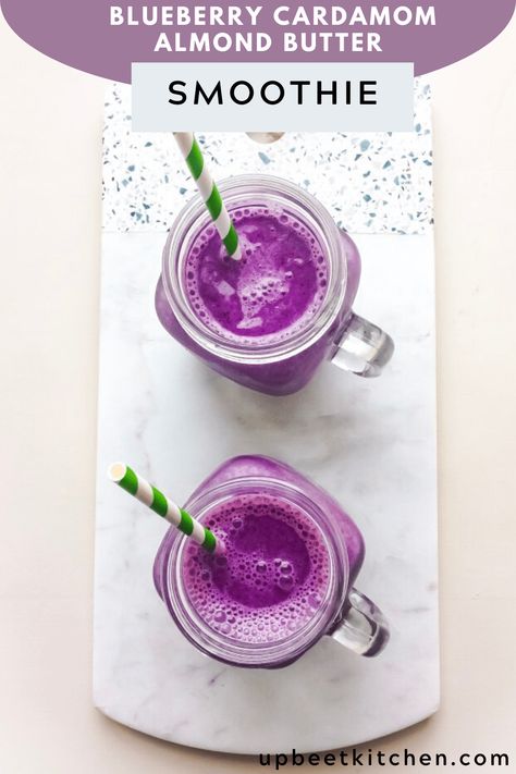 This blueberry, almond butter, and cardamom smoothie is full of antioxidants, protein, and healthy fat. It's satisfying and the flavour of cardamom pairs well with berries! #smoothie #blueberrysmoothie #veganrecipe #healthyrecipe Blueberry Cardamom, Berries Smoothie, Almond Butter Smoothie, Vegan Smoothie Recipes, Vegan Smoothie Bowl, Healthy Drinks Smoothies, Clean Vegan, Blueberries Smoothie, Vegan Eats