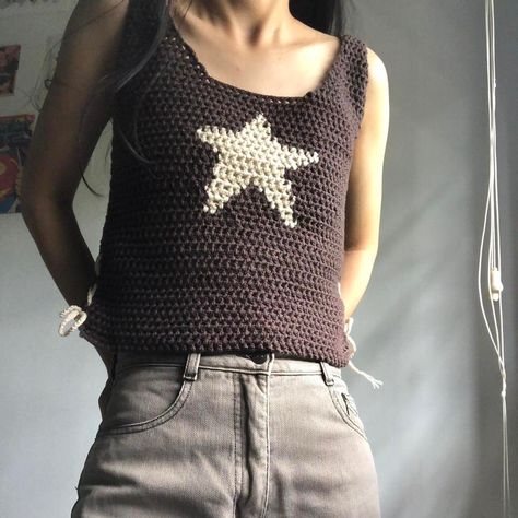 Star Tank Top, Milk Cotton Yarn, Crochet Tee, Crochet Tank Tops, Crochet Star, Mesh Tank Top, Crochet Stars, Crochet Tank, Indie Aesthetic