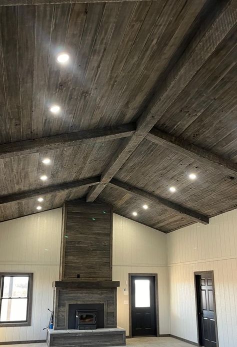 Better Barnwood Beams Fireplace, Fireplace And Mantle, Beam Ceiling, Sunroom Designs, Wood Beam, Construction Ideas, Wood Beam Ceiling, Wood Beams, House On A Hill