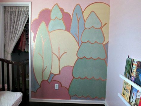 Copper-Outlined, Whimsical Forest Mural Fairy Mural, Warehouse Ideas, Woodland Mural, Pokemon Bedroom, School Library Decor, Diy Woodland, Forest Mural, Map Murals, Forest Sunset