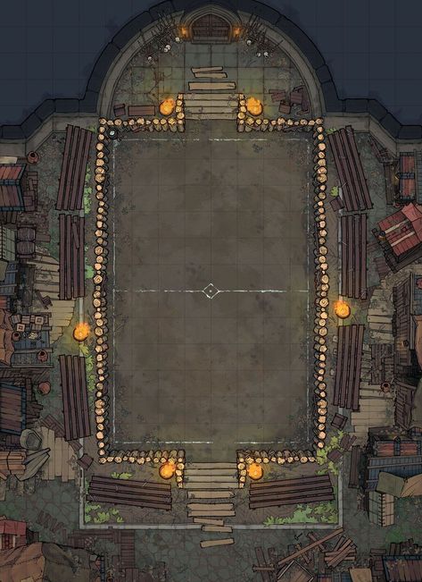 The Fighting Pit Battle Map Dnd Stories, Abandoned Town, Dnd World Map, Shanty Town, Battle Map, Tabletop Rpg Maps, Dnd 5e Homebrew, Fantasy Maps, Dnd Maps