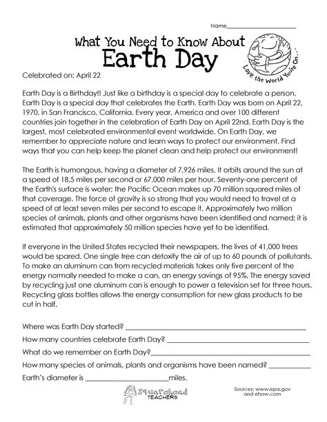 Free Earth Day worksheet for kids. This is a great seat work activity for upper grades (I've used it as a daily warm up on Earth Day). The reading level might be too high for younger grade kids to do independently, so use the text for a whole class activity.Comprehension questions at the bottom of… 4th Grade Reading Worksheets, Science Reading Comprehension, Earth Day Worksheets, Free Reading Comprehension Worksheets, 2nd Grade Reading Worksheets, 8th Grade Reading, Middle School Lesson Plans, About Earth, Reading Comprehension Lessons