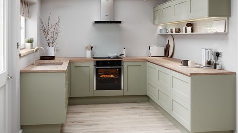 Chilcomb Sage Green Kitchen | Fitted Kitchens | Howdens Howdens Chilcomb, Pebble Kitchen, Shaker Drawer Fronts, Kitchen Door Styles, Kitchen Shaker, Fitted Kitchens, Sage Green Kitchen, Mdf Doors, Painted Drawers