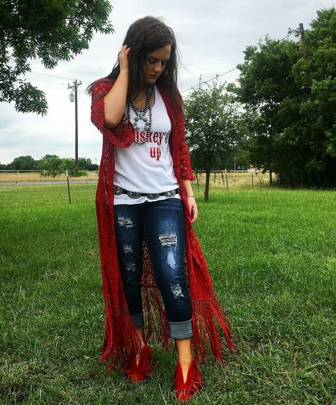 Check out BahababeMo  @thecactusrose featuring our red lace dustwr..whiskeyd up tank..navajo pearls and concho belt..get it all here! Www.baharanchwesternwear.com  Cowgirl gypsy boho Nfr Outfits, Country Style Outfits, Chris Stapleton, Navajo Pearls, Rodeo Outfits, Country Girls Outfits, Western Outfit, Western Outfits Women, Country Fashion