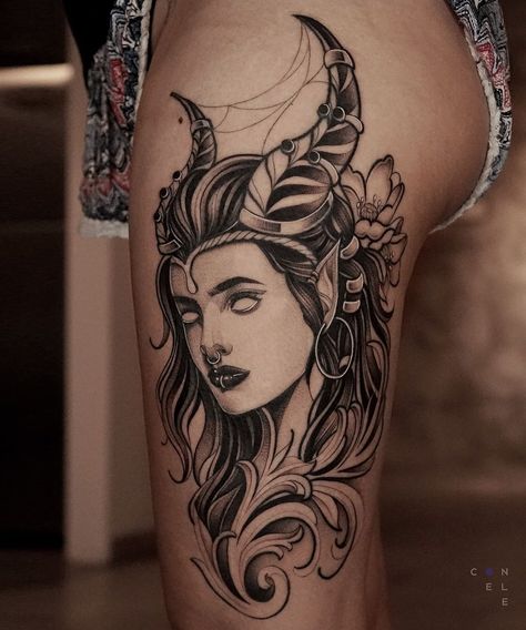 Neo Traditional Taurus Tattoo, Pretty Taurus Tattoo, Dark Taurus Tattoo, Taurus Lady Tattoo, Tattoo For Taurus Women, Taurus Goddess Tattoos For Women, Taurus Woman Tattoo, Taurus Girl Tattoo, Taurus Moon Tattoo