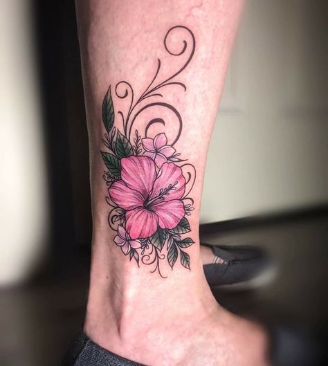 Delicate Hibiscus Tattoo, Hibiscus Ankle Tattoo, Hybiscus Tattoo, Hawaii Flower Tattoos, Hibiscus Tattoos, Tropical Tattoos, Anklet Tattoos For Women, Lightsaber Tattoo, Colorful Sleeve Tattoos