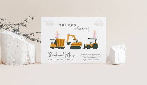 Trucks And Tiaras Birthday Party, Construction Theme, Printing Companies, Editable Template, Daughter Birthday, Web Browser, Text Color, Gender Reveal, Online Printing