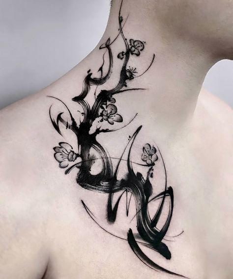 Black inked neck tattoo design by jing.ink from Sydney Ink Brush Tattoo, Brush Tattoo Design, Brushstroke Tattoo, Neck Tattoo Design, Australian Tattoo, Brush Tattoo, Ink Brush, Tattoo Inspo, Australian Artists