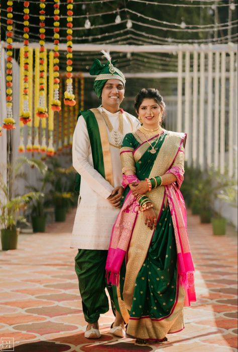 Maharashtrian Haldi Couple Outfits, Green Saree Bride And Groom, Marathi Wedding Groom Outfit, Sangeet Outfit Bride And Groom, Saptapadi Look For Bride And Groom, Maharashtrian Wedding Couple Outfits, Peshwai Look For Wedding Couple, Marathi Bride And Groom Outfits, Marathi Engagement Look