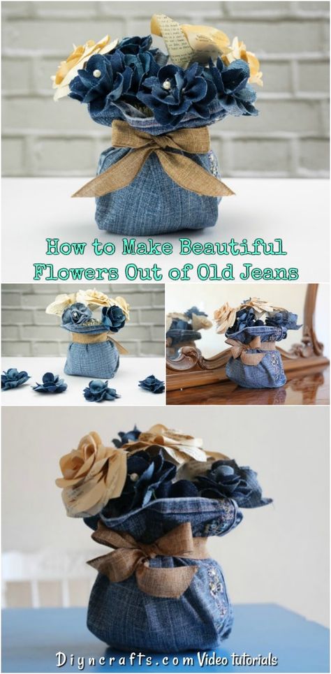 How to Make Beautiful Flowers Out of Old Jeans - Did you know you can create beautiful flowers out of an old pair of jeans and turn them into a rustic centerpiece? Find out how to do it. Artisanats Denim, Rustic Centerpiece, Denim Crafts Diy, Repurposed Denim, Fabric Crafts Diy, Diy Jeans, Blue Jeans Crafts, Denim And Diamonds, Paper Flower Crafts