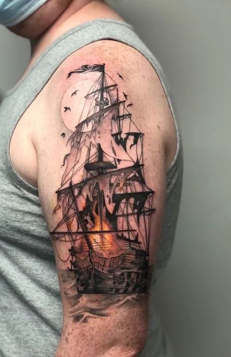 Pirate Ship Half Sleeve Tattoo, Burning Boats Tattoo, Boat On Fire Tattoo, Ship On Fire Tattoo, Burn The Boats Tattoos, Pirate Ship Tattoo Sleeve, Pirate Tattoo For Men, Burning Ship Tattoo, Ship Wreck Tattoo