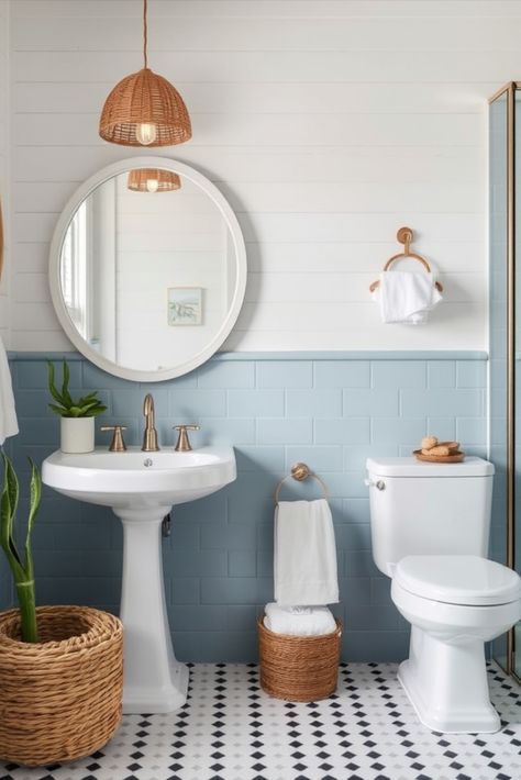 Bring the calming essence of the beach into your small bathroom! This coastal-inspired makeover guide shows you how to use light colors, natural textures, and ocean-inspired accents to create a serene escape. Perfect for anyone dreaming of a daily beach retreat! #CoastalDecor #BathroomDesign #BeachVibes Beachy Half Bath, Classic Coastal Bathroom, Coastal Half Bath, Beach Home Bathroom, Beach Bathroom Ideas, Modern Boho Kitchen Ideas, Small Coastal Bathroom Ideas, Beachy Bathrooms, Small Coastal Bathroom