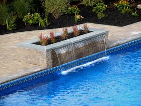 Sheer Descent Waterfall Pool, Small Pool Waterfall, Pool Waterfall Ideas, Swimming Pool Fountains, Swimming Pool Waterfall, Outdoor Waterfalls, Building A Swimming Pool, Pools Backyard Inground, Pool Water Features