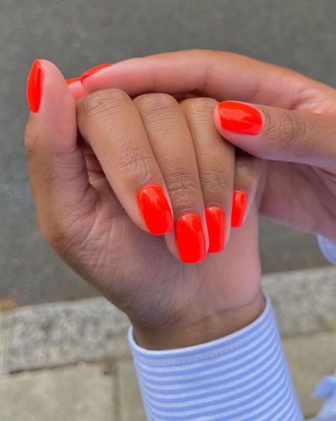 Instagram Vibrant Gel Nails, Red Orange Summer Nails, Neon Red Orange Nails, Orange Biab Nails, Neon Orange Gel Nails, Orange Shellac Nails, Bright Red Orange Nails, Pop Of Color Nails, Orangey Red Nails