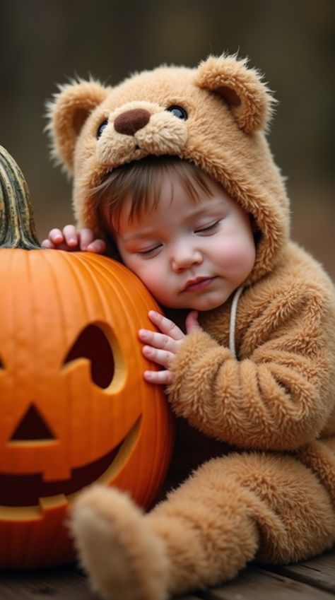 Photo of a child on Halloween Baby Maker, Carved Pumpkin, Bear Costume, Cozy Evening, Family Memories, Halloween Masks, Precious Moments, Spirit Halloween, Pumpkin Carving