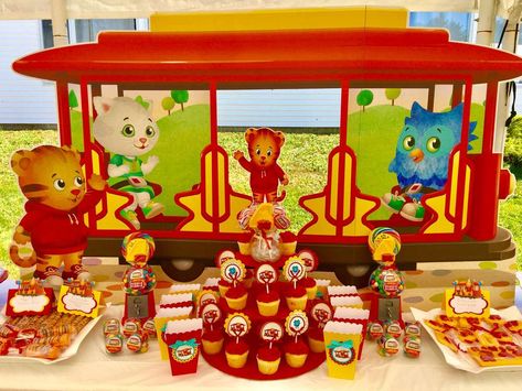 Daniel Tiger, trolley, Red and yellow, 4th Birthday Birthday Party Ideas | Photo 1 of 30 Daniel Tiger Party Decorations, Daniel Tigers Neighborhood Birthday Party, Daniel Tiger Trolley, Daniel Tiger Party, Daniel Tiger Birthday Party, Tiger Party, Tiger Birthday Party, 1st Rodeo, Tiger Birthday