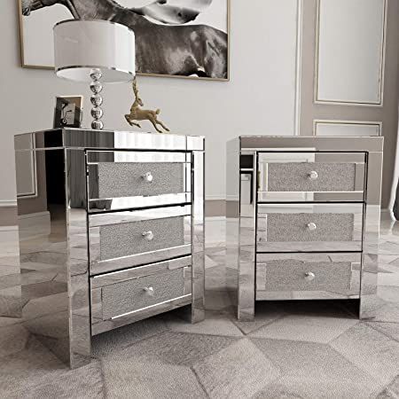 AmazonSmile: Mecor Mirrored end Table 3 Drawers Mirror Accent Side Table Silver Finished Nightstand Set of 2 for Bedroom, Living Room (Crystal Silver) : Home & Kitchen Silver Bedside Table, Mirror Bedside Table, Silver Side Table, Silver Bedroom, Mirrored End Table, Drawing Room Decor, Nightstand Set, Living Room Table Sets, Nightstand Set Of 2