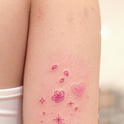 seoyeonnie💕 on Instagram: "💕🌸💫💖
.
.
.
.
.
#sparkletattoo #cutetattoo #colortattoo  #kawaiitattoo #nyctattoo #tattoonyc #finelinetattoo #cherryblossomtattoo #tattooideas #inkedlife ty for coming🌸" Minimal Cherry Blossom Tattoo, Tattoo Ideas Cherry Blossoms, Tattoo Ideas Cherry, Tattoo Character, Sparkle Tattoo, Earthy Tattoos, Sakura Tattoo, Nyc Tattoo, Kawaii Tattoo