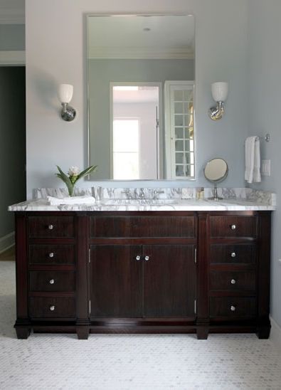 Espresso Vanity with Marble Countertop - Traditional - bathroom - Andrew Howard interior Design Bathroom Favorites, Andrew Howard, Espresso Vanity, Blue Bathroom Walls, Organization Drawers, Blue Bathrooms Designs, Second Bathroom, Bathroom Console, Dark Wood Bathroom