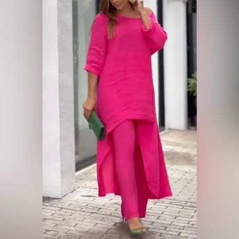 Hot Pink! 2 Piece Top & Pants. Pants Are Straight Legged & Have An Elastic Waist. Top Has Longer Back. 95% Poly 5% Spandex. Pants - Waist 30 & Inseam 27 Inches. Top Is 22 Inches Flat From Armpit To Armpit Boho Style Jumpsuit, Green Chino Pants, Hot Pink Pants, Hot Pink Top, Satin Suit, Army Green Dress, Hot Pink Tops, Striped Pant, Tie Waist Pants