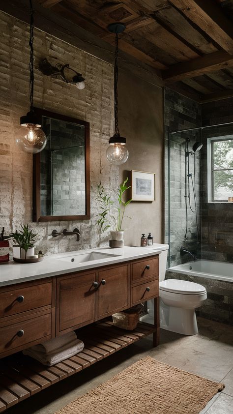 Transform your interiors with our chic decor ideas and luxe inspirations. Explore stylish trends and elegant solutions to create a sophisticated home. #HomeDecor #DesignTrends #LuxeStyle Rustic Interior Aesthetic, Eclectic Western, Cowboy Bathroom, Rustic Modern Bathroom, Earthy Bathroom, Brick Wall Decor, Brick Interior Wall, Sophisticated Home, Modern Rustic Decor