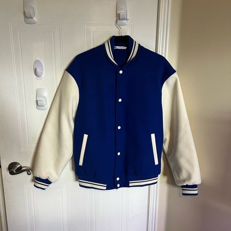 Zara Varsity Jacket Blue White Men Medium Blue And White Varsity Jacket Outfit, Blue Letterman Jacket Outfit, Blue Varsity Jacket Outfit Men, Blue Varsity Jacket Outfit, School Jacket Outfit, Letterman Jacket Outfit, Blue And White Jacket, Blue Varsity Jacket, Varsity Jacket Black