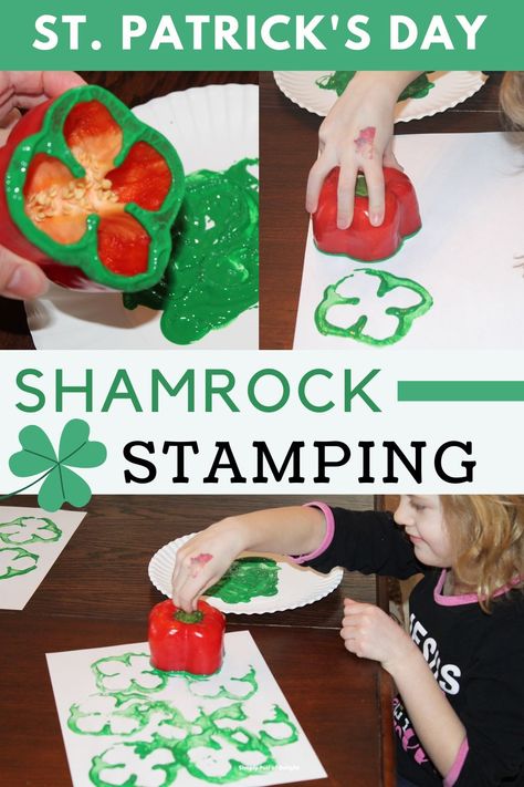 st patricks day craft for kids - bell pepper stamping St Patricks Days Preschool Crafts, Saint Patricks Day Crafts For Elementary, St Patrick's Activities For Toddlers, St Patties Day Kids Activities, Shamrock Toddler Art, Toddler Saint Patricks Day, Prek St Patrick’s Day, St Patricks Day Crafts For Kids Preschool Science Experiments, St Patricks Day Art For Toddlers Easy