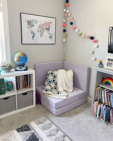 Reading Corner Playroom Ideas, Nugget Couch Corner Ideas, Nugget Couch Corner, Nugget Corner Couch, Nugget In Bedroom, Play Couch Reading Nook, Nugget Couch Reading Corner, Nugget Room Ideas, Nugget Couch Bedroom