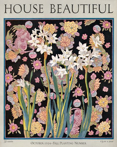 Painted by L. H. McLendon for House Beautiful magazine, Oct 1924 House Beautiful Magazine, Ribbon Cards, Floral Poster, Illustration Vintage, House Beautiful, Fall Plants, Digital Collage Sheets, Vintage Magazine, Flower Illustration