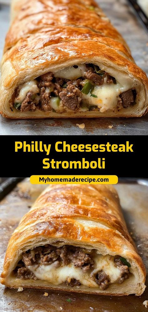 This Philly Cheesesteak Stromboli is loaded with sliced steak, cheese, and peppers, all wrapped in golden-brown dough. Perfect for sharing or a hearty meal. Ingredients: 1 lb sliced steak or roast beef 1 cup shredded provolone cheese 1 can pizza dough 1/2 cup sautéed onions and peppers A cheesy, savory stromboli that’s packed with Philly flavor Sloppy Joe Stromboli, Stromboli Philly Cheesesteak, Cheesy Pepperoni Stromboli, Philly Steak Pizza, Homemade Stromboli With Pizza Dough, Recipes With Philly Steak Meat, Pillsbury Stromboli Recipe, Steak And Cheese Stromboli, Philly Cheese Steak Stromboli