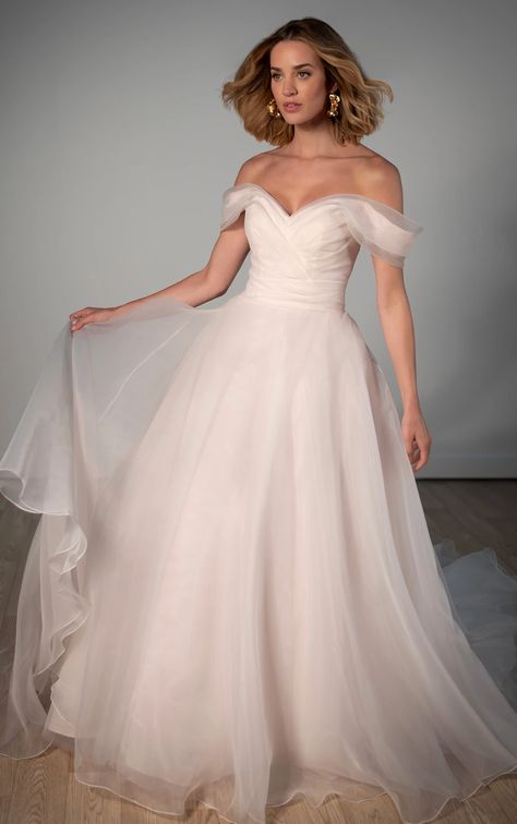 A-line organza wedding dress with off-the-shoulder straps and a sweetheart neckline, perfect for an ethereal and dreamy bridal look. Available in plus size. Off The Shoulder Tulle Wedding Dress, Wedding Dress With Sweetheart Neckline, Something Blue Bridal, Dress With Sweetheart Neckline, Organza Wedding Dress, Organza Wedding, Bridal Consultant, Stella York, Wedding 2025