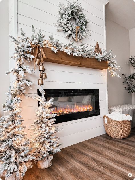 White Garland Christmas Fireplace, Flocked Tree With Garland, Flocked Christmas Garland Mantle, Floating Mantle Christmas Decor, Flocked Garland Stairs, Flocked Christmas Decor, Flocked Mantle Garland, Flocked Garland Decorating Ideas, Flocked Wreath Ideas