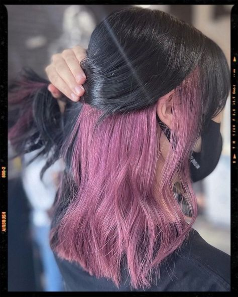 Deep Purple Peekaboo Hair, Peekaboo Hair Color Pink And Purple, Peekaboo Hair Ideas For Brunettes, Peekaboo Pink Highlights In Brown Hair, Black Hair With Dyed Underneath, Pink And Black Peekaboo Hair, Light Purple And Black Hair, Purple Dye On Black Hair, Peekaboo Hair Color Brunettes Short