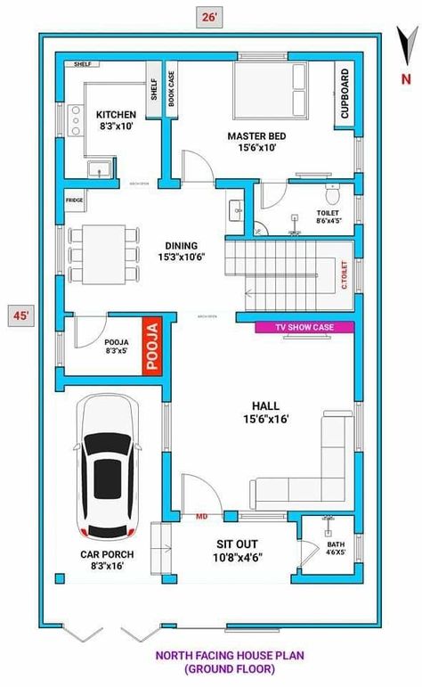 Plan with music North Face Elevation Designs, Smart House Plans, 30x50 House Plans, North Facing House, 20x40 House Plans, 30x40 House Plans, Duplex Floor Plans, 2bhk House Plan, Bungalow Floor Plans