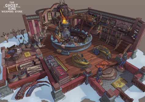 ArtStation - GHOST KING: Weapons shop - Cutaway, Jing Rong Soh Fantasy Tailor Shop, Tailor Shop Interior, Lava Dragon, Salivary Glands, Interior Concept Art, Ghost King, Tailor Shop, Interior Concept, Dragon Slayer