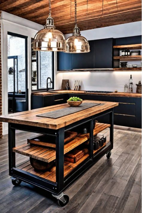 Rustic kitchen with reclaimed wood beams, subway tile backsplash, and industrial-chic lighting Industrial Kitchen Cabinets, Rustic Industrial Kitchen Design, Metal And Wood Kitchen, Living Industrial, Industrial Farmhouse Kitchen, Dirty Kitchen Design, Industrial Kitchens, Rustic Industrial Kitchen, Modern Industrial Kitchen