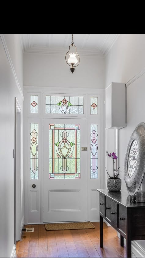 Modern Stained Glass Front Door, Cottagecore Stained Glass Window, Classic Stained Glass Windows, Stained Glass Window Door, Stained Glass Above Front Door, Stained Glass Windows Front Door, Stained Glass Interior Doors, Front Door With Stained Glass Window, Front Door Stained Glass Window