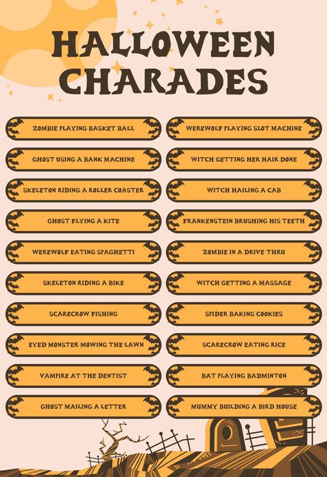 Printable Halloween Charades Game Cards Halloween Games To Play At A Party, Halloween Games For Staff, Halloween Party Ideas For Elderly, Halloween Party For Families, Halloween Charades For Teens, Fall Themed Party Activities, Halloween Themed Scavenger Hunt, Halloween Activities In The Classroom, Halloween Ice Breaker Games