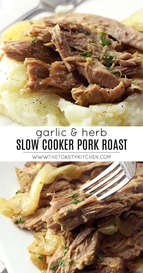 Garlic & Herb Slow Cooker Pork Roast is tender, juicy, and flavorful. Cooked low and slow until fall-apart tender, this pork roast can be served alone, over mashed potatoes, or on a sandwich. Gluten Free Pork Roast Recipes, Crockpot Pork Butts, Frozen Pork Roast Crock Pot Recipes, Pork Roast New Years Crock Pot, New Years Pork Roast, Slow Cook Pork Shoulder Crock Pots, Pork Rump Roast Recipes Crock Pot, Pork Roast Crock Pot Recipes Easy, Slow Cooker Boneless Pork Roast