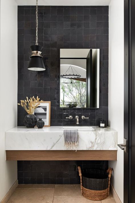 Authentic Zellige tiles are handcrafted. Their appeal is in their imperfections. Find out how to use Zellige tiles for a bathroom project Masculine Bathroom, Rectangle Bathroom, New House Bathroom, House Bathrooms, Powder Room Decor, Aesthetic Bathroom, Powder Room Design, Bad Inspiration, Downstairs Bathroom