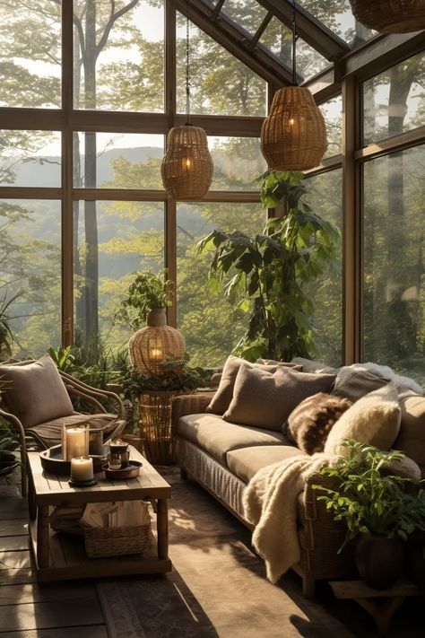 Touring 70+ Strikingly Beautiful Forest Homes That Bring the Outdoors In - Days Inspired Sunroom Library, Forest Library, Cabin Patio, Library With Fireplace, Pacific Northwest Style, Forest Homes, Forest Bedroom, Cabin Living Room, Earthy Home