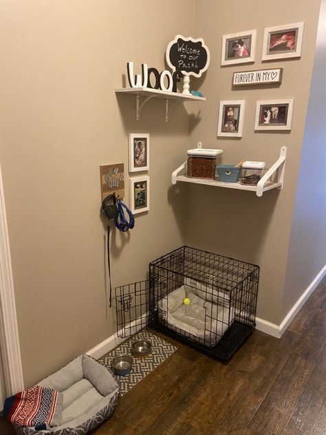 Dog Cozy Corner, Dog Crate Set Up Puppys, Aesthetic Dog Corner, Aesthetic Dog Area In Bedroom, Small Dog Spaces In House, Spoiled Puppy Aesthetic, Dog Space In Bedroom, Dog Organization Station Small Spaces, Pet Area Ideas