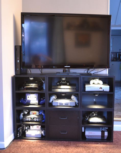 Inspired by the pin I have in my living room board, I finally have my dream TV stand for all our video games <3 Media Console Gaming, Gamer Tv Stand, Tv Stand Gaming, Mounted Tv With Gaming Consoles, Tv Stand For Gaming Consoles, Video Game Organization, Table Tv, Media Center, Room & Board