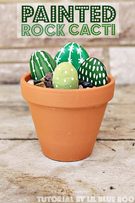 DIY Painted Rock Cactus Plants - Garden Craft with Painted Rocks Cactus Rock Painting, Rock Cactus Garden, Painted Rock Cactus, Rock Cactus, Cactus Craft, Diy Fleur, Faux Cactus, Diy Unicorn, Rock Flowers