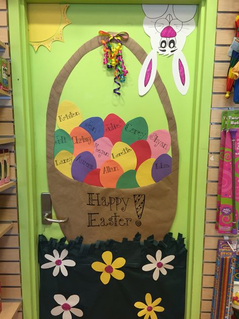 Easter! Names on each egg :) Easter Doors For Classroom, Easter Door Decorations Classroom Preschool, Bunny Classroom Decorations, Easter Door Decorations Classroom, Hanging With My Peeps Classroom Door, Easter Classroom Door, Notice Board Decoration, Cow Paintings On Canvas, Easter Classroom